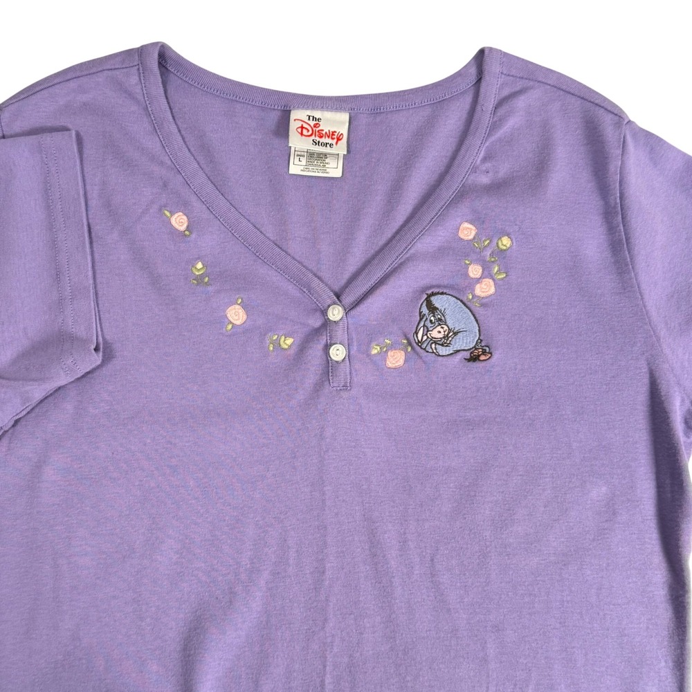 Disney Store Vintage Eeyore Embroidered Purple V Neck T Shirt 90s Floral Women L